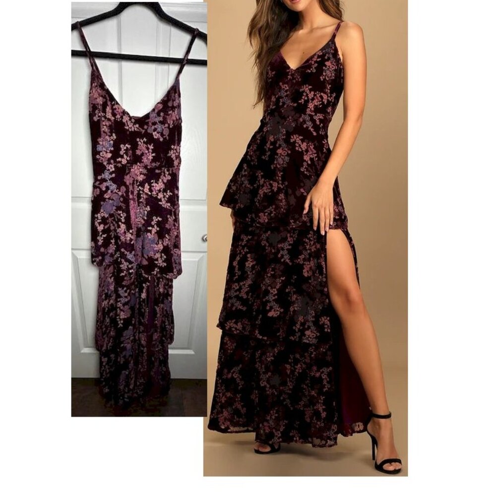 Lulus I Love You Amore Plum Purple Floral Velvet Tiered Maxi Dress Small NWOT